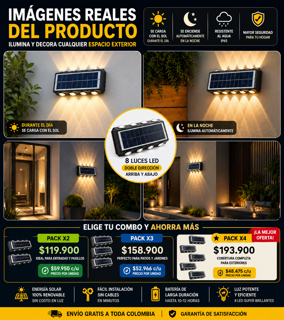 ☀️ Lámpara Solar Inteligente para Exteriores 8 leds