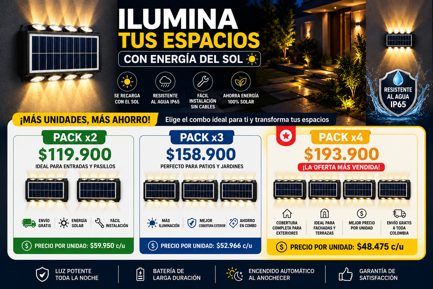 ☀️ Lámpara Solar Inteligente para Exteriores 8 leds